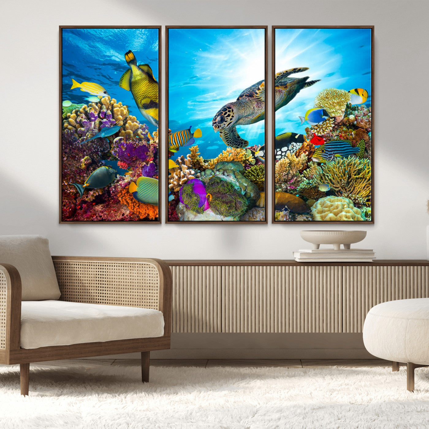 MGV-FC-48X32-3P - Sea Turtle Coral Reef Wall Art Print – Colorful Underwater Canvas Print – Tropical Ocean Marine Life Artwork – Perfect for Coastal Home Decor