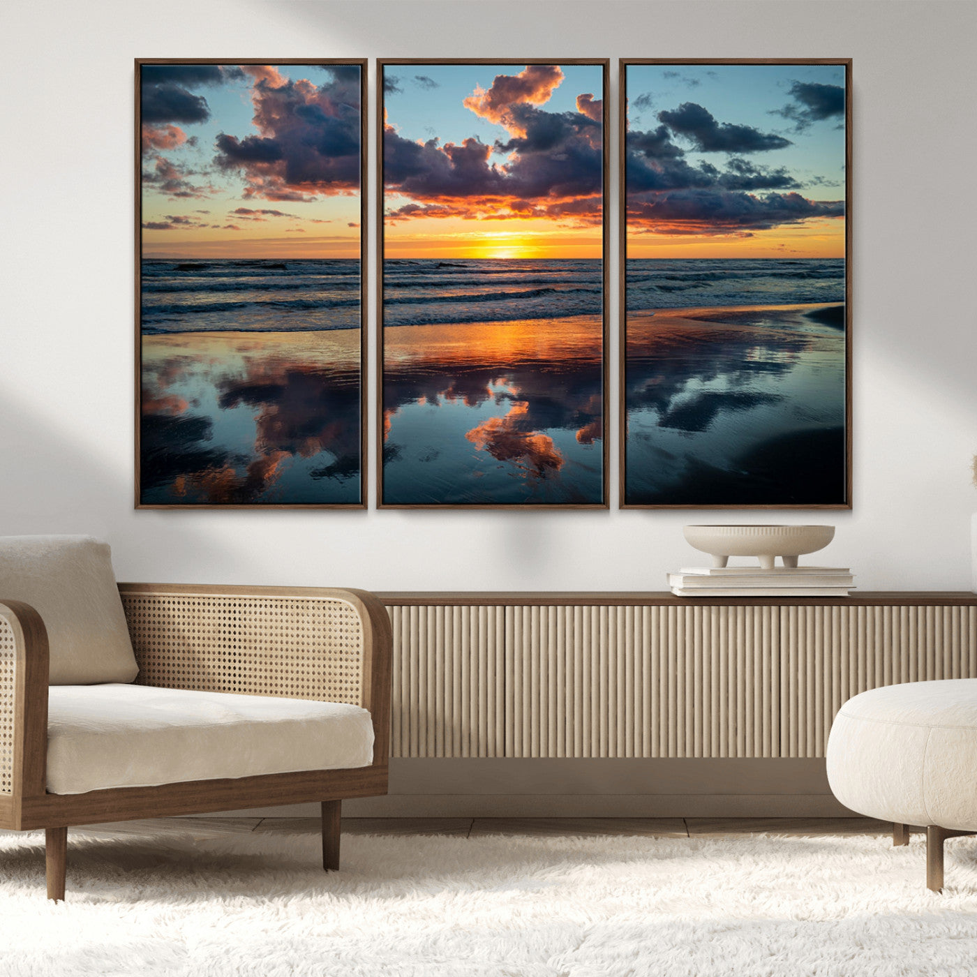 MGV-FC-48X32-3P - Beach Sunset Print - Stunning Ocean Canvas Artwork with Sunset Reflection Design for Elegant Home or