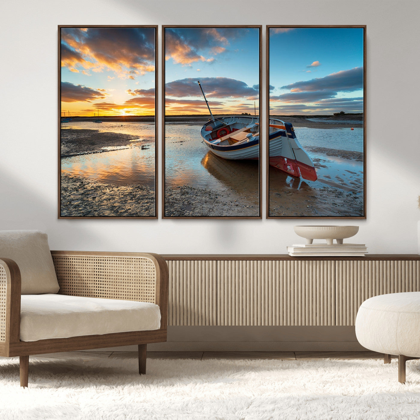 MGV-FC-48X32-3P - Small Boat At The Beach Sunset Wall Art, Boat Sunset Wall Art Canvas Print