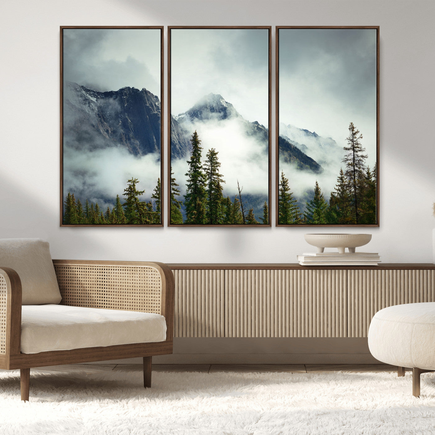 MGV-FC-48X32-3P - Mountain Mist Canvas Wall Art | 3-Panel Foggy Forest and Mountain Landscape | Large Giclee Print for Living Room, Office, or Cabin, Farmhouse Decor