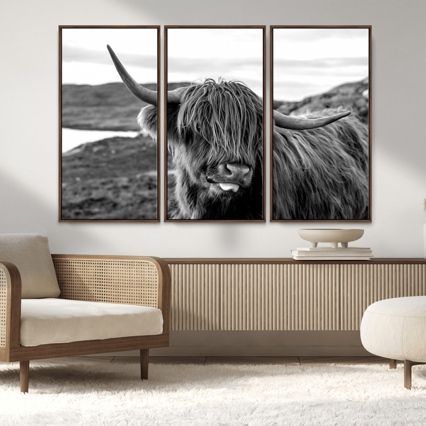 MGV-FC-48X32-3P - Highland Cow Canvas Wall Art – Black and White Animal Portrait – Framed and Ready to Hang Rustic Farmhouse Decor for Living Room or Office