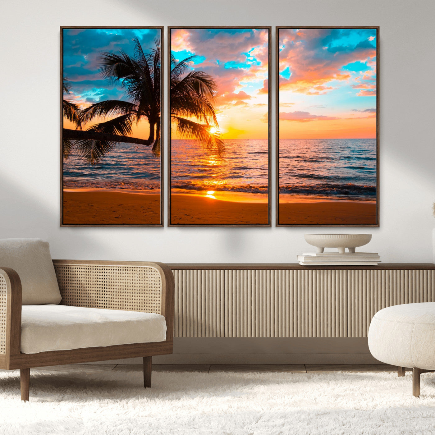 34674-MGV-FC-48X32-3P_Walnut-Palm Tree Sunset On The Beach Wall Art Canvas, Framed Palm Tree Sunset Canvas Print