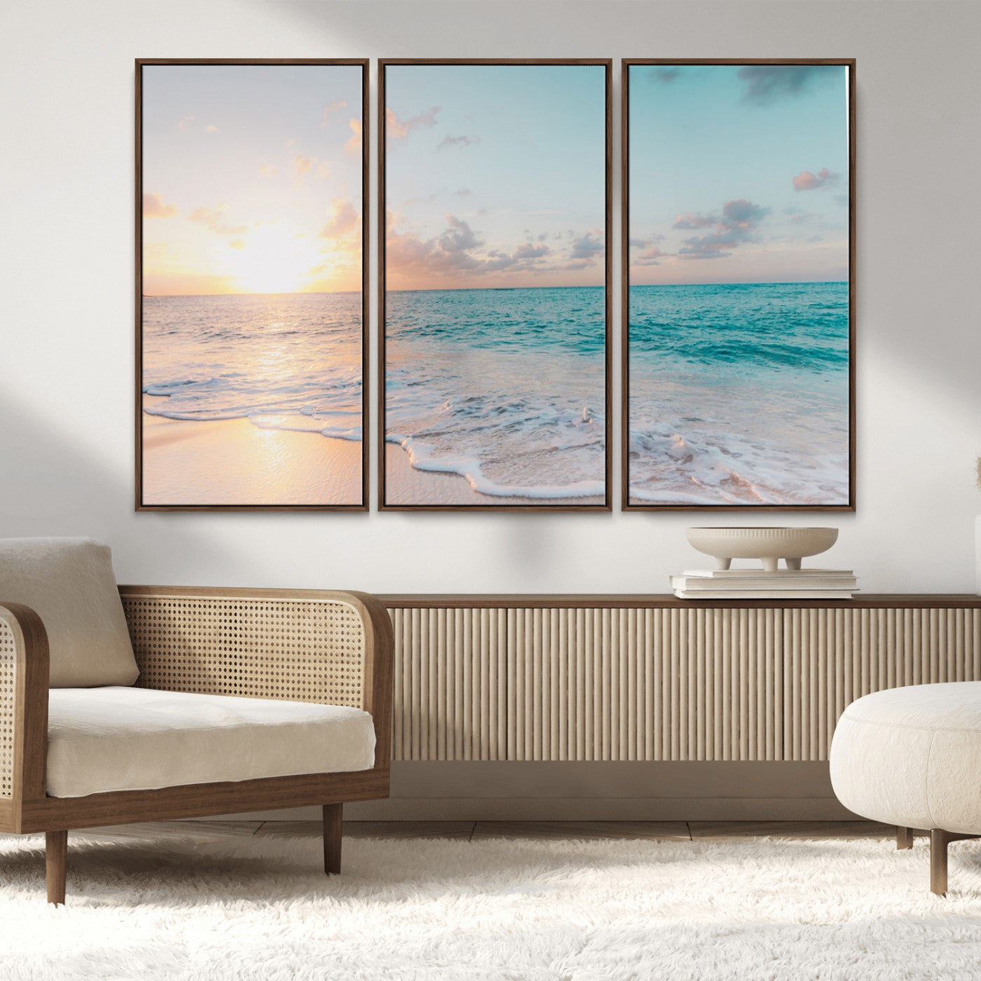 MGV-FC-48X32-3P - Tranquil Ocean Beach Sunset Canvas Wall Art | 3-Panel Coastal Decor