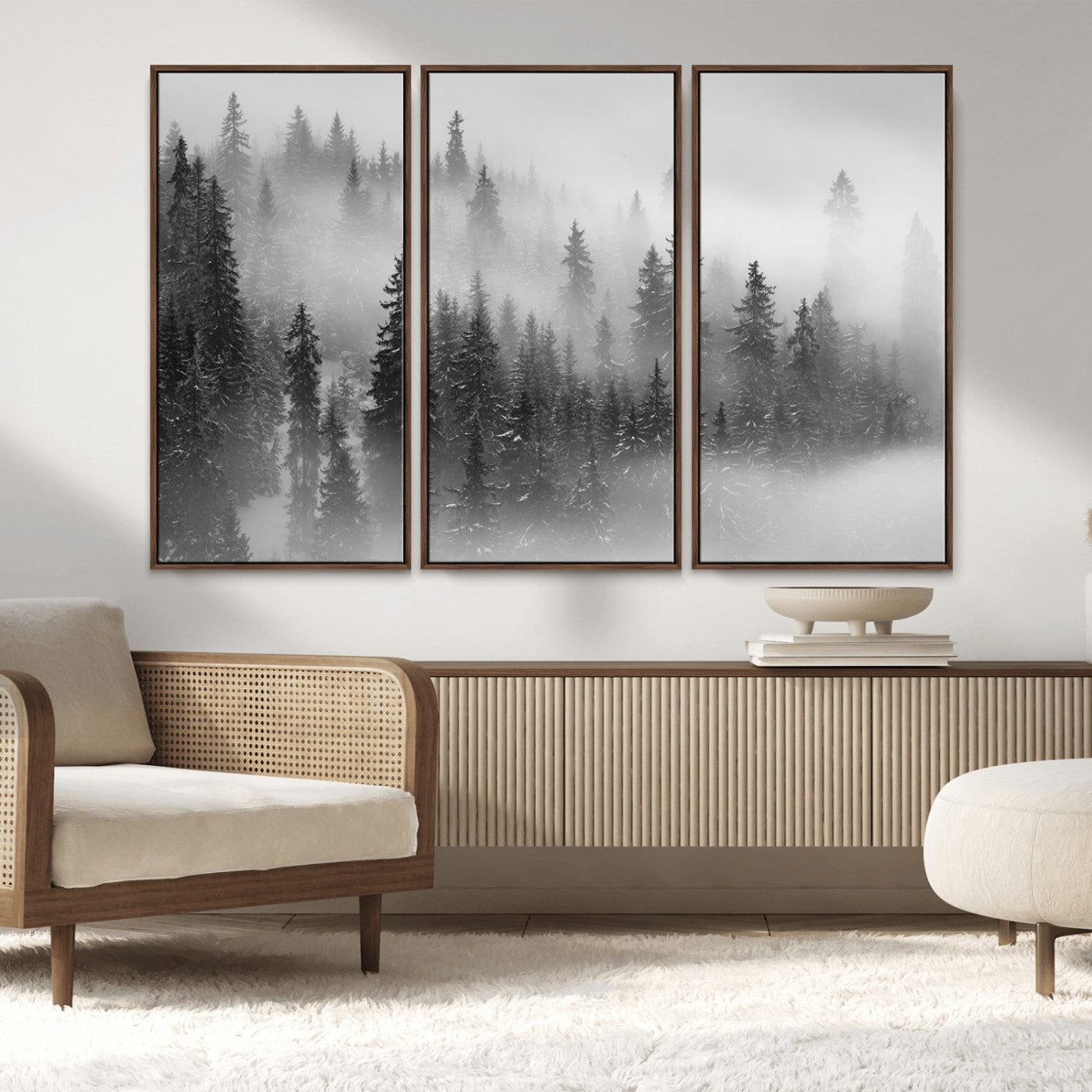 MGV-FC-48X32-3P - Black and White Forest Wall Art Print – Misty Pine Tree Canvas Print – Winter Woodland Nature Artwork – Perfect for Minimalist Home Decor