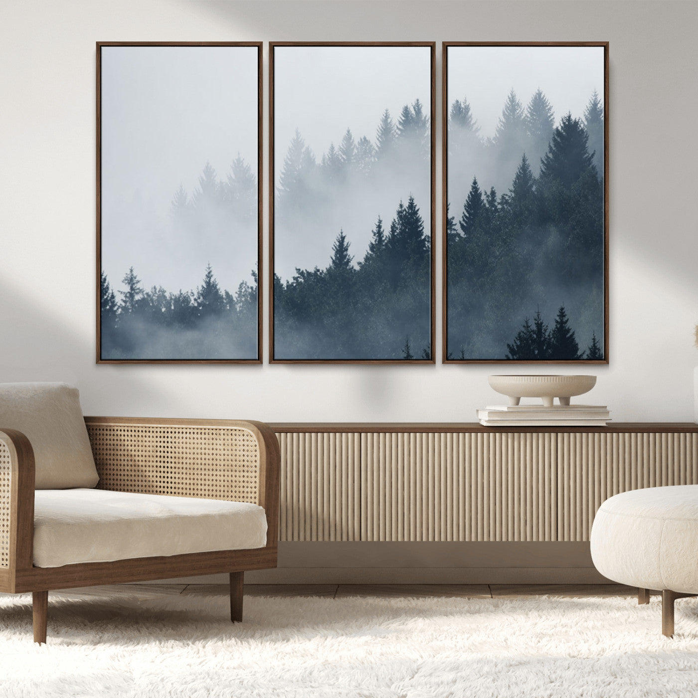 MGV-FC-48X32-3P - Misty Forest Wall Art Print – Foggy Pine Tree Canvas Print – Dark Woodland Nature Artwork – Perfect for Minimalist and Modern Home Decor