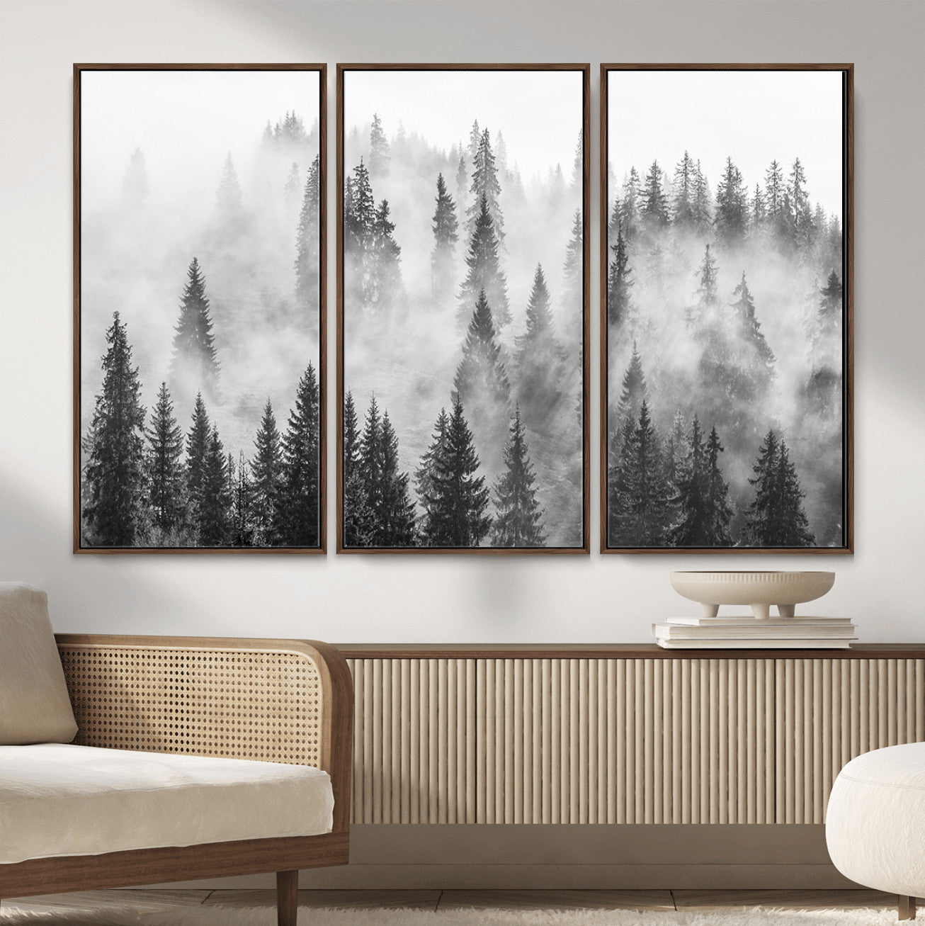 10422-MGV-CV-36X24 - Forest Wall Art Print | Foggy Pine Forest Canvas Wall Art - Black and White Nature Decor for Living