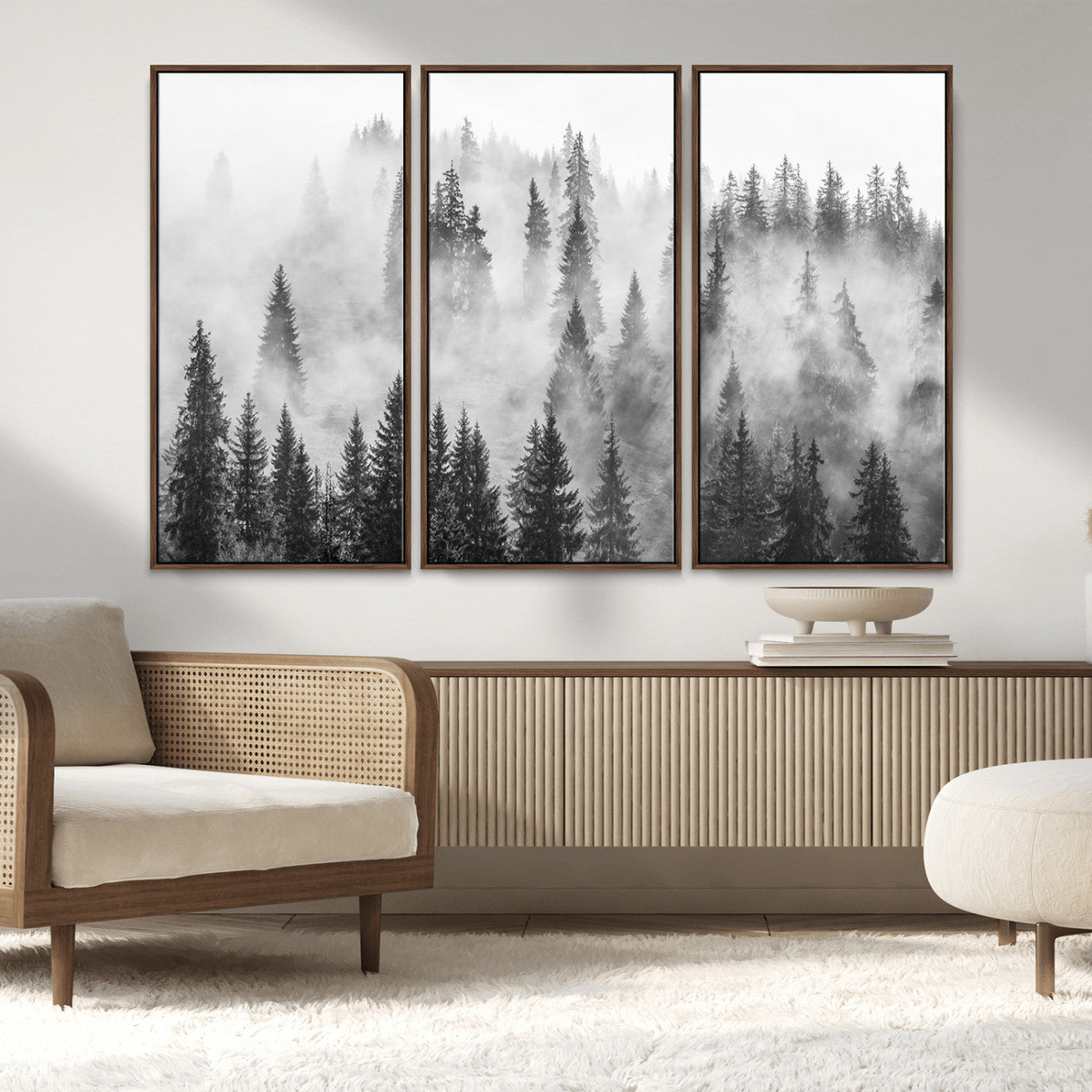 MGV-FC-48X32-3P - Forest Wall Art Print | Foggy Pine Forest Canvas Wall Art - Black and White Nature Decor for Living