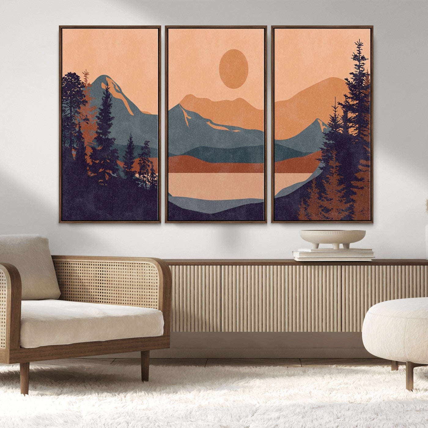 MGV-FC-48X32-3P - Modern Boho Sunset Canvas Print, Mountain Landscape Triptych – Giclée Canvas Art Print for Living