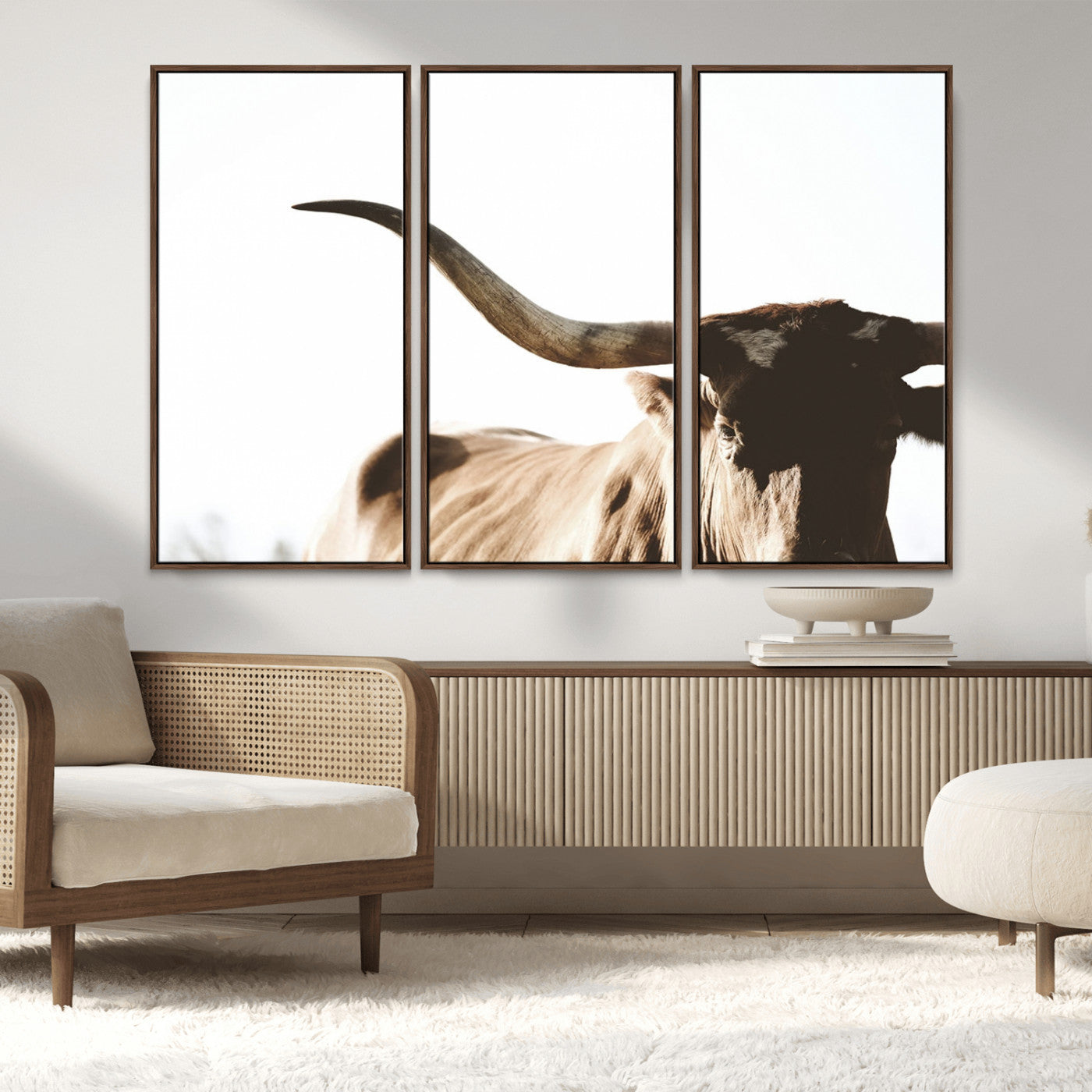 MGV-FC-48X32-3P - Texas Longhorn Wall Art Canvas Print | 3-Panel Large Longhorn Canvas Print for Living Room, Framed Gallery Wrap Office, Rustic Western Cowboy Decor