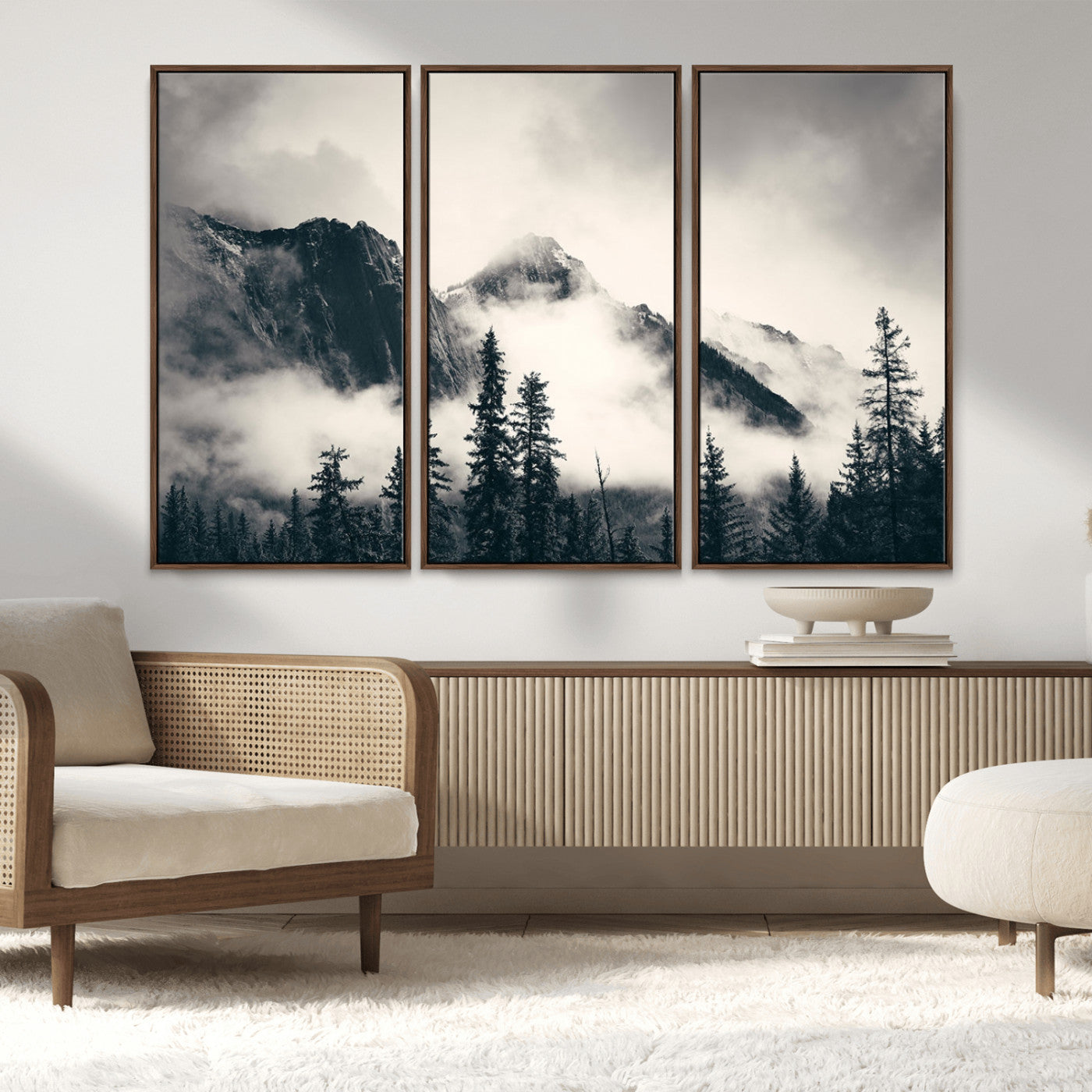 MGV-FC-48X32-3P - Large Foggy Mountain Forest Wall Art Canvas Print | Misty Mountain Peaks and Pine Trees Print | Framed Gallery Wrap | Rustic Nature Farmhouse Decor