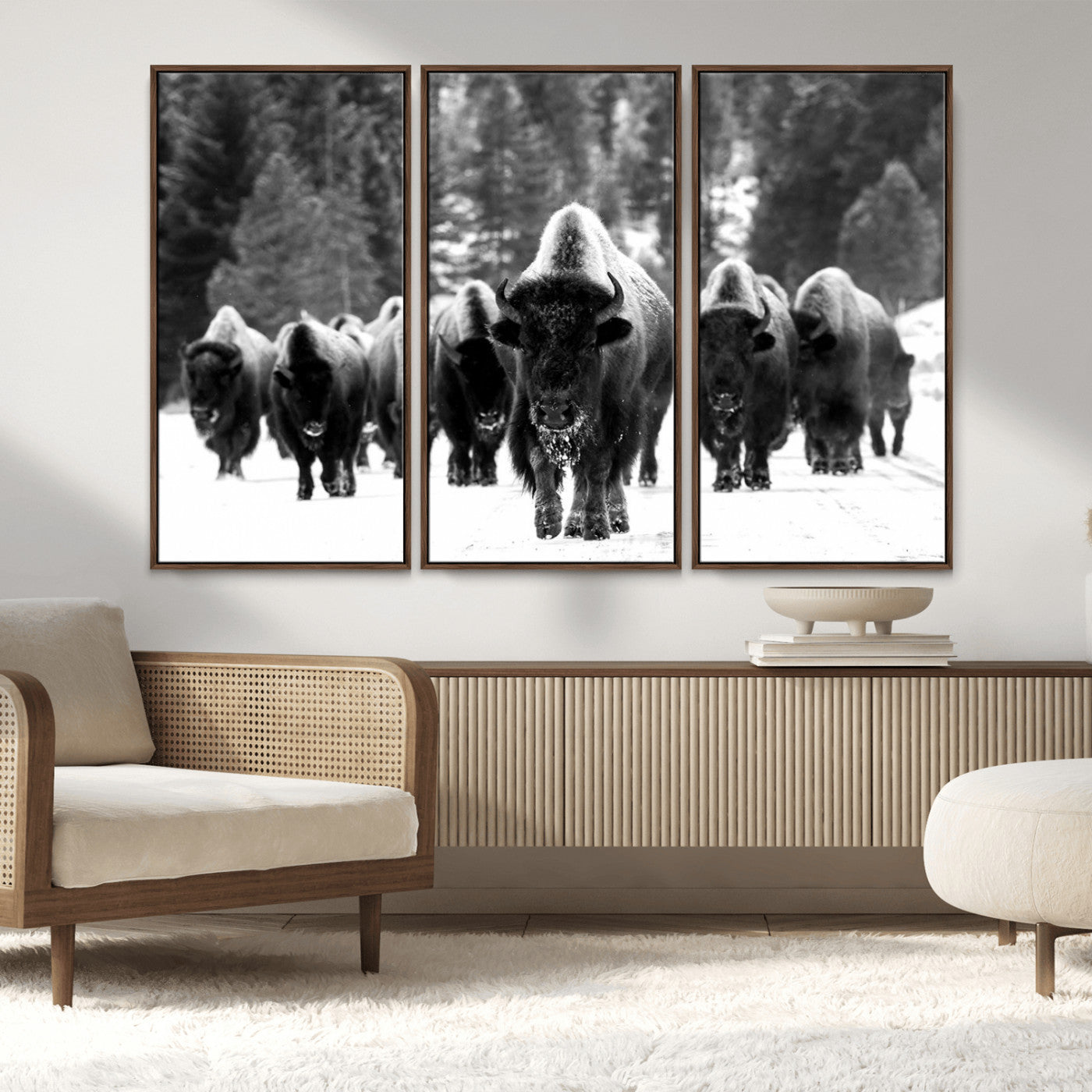 62434-MGV-FC-48X32-3P_Walnut-Bison Herd in Snow Wall Art Canvas Print | Rustic Western Bison Wall Art for Decor for Living Room,