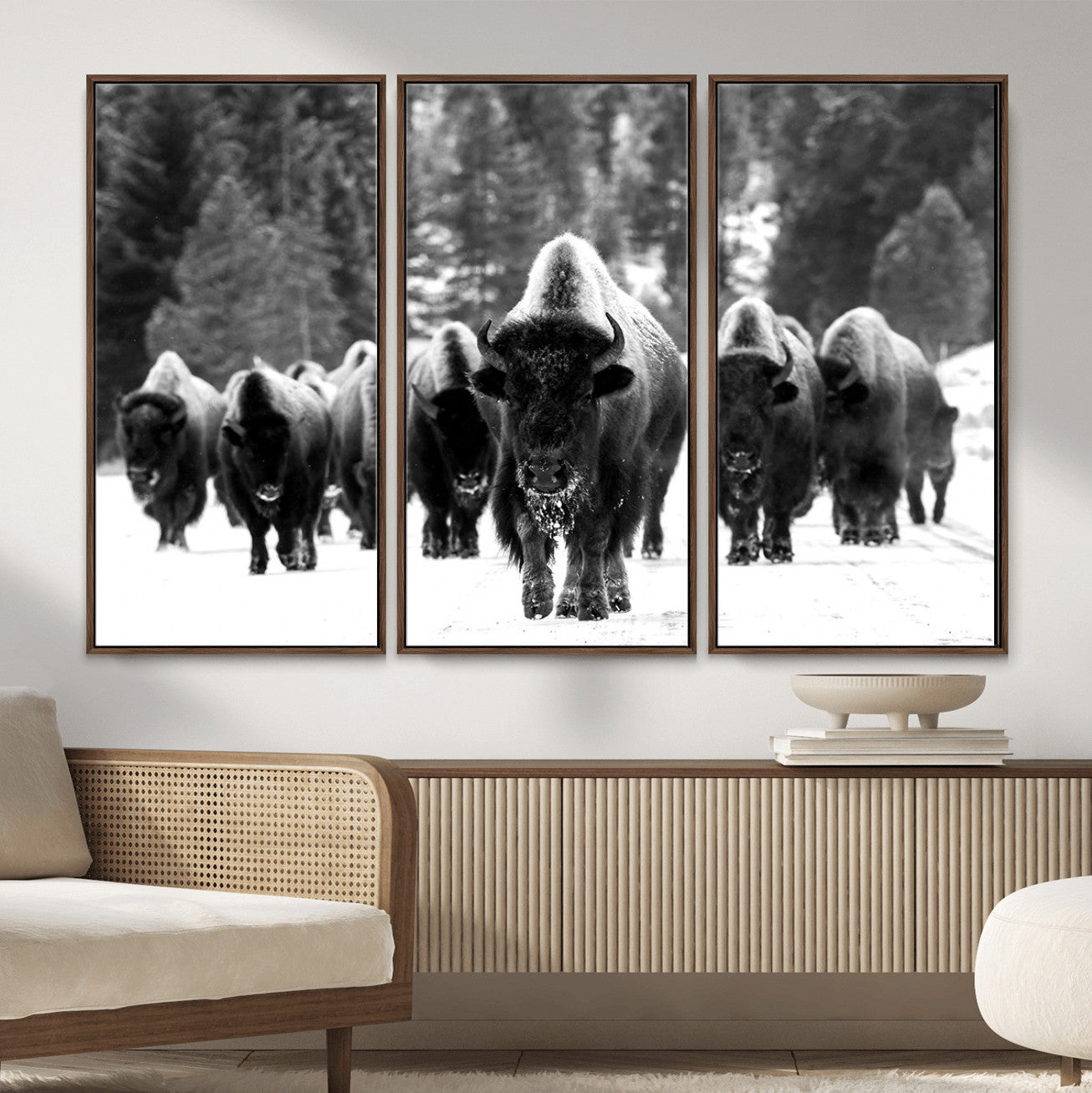 62434-MGV-CV-36X24 - Bison Herd in Snow Wall Art Canvas Print | Rustic Western Bison Wall Art for Decor for Living Room,