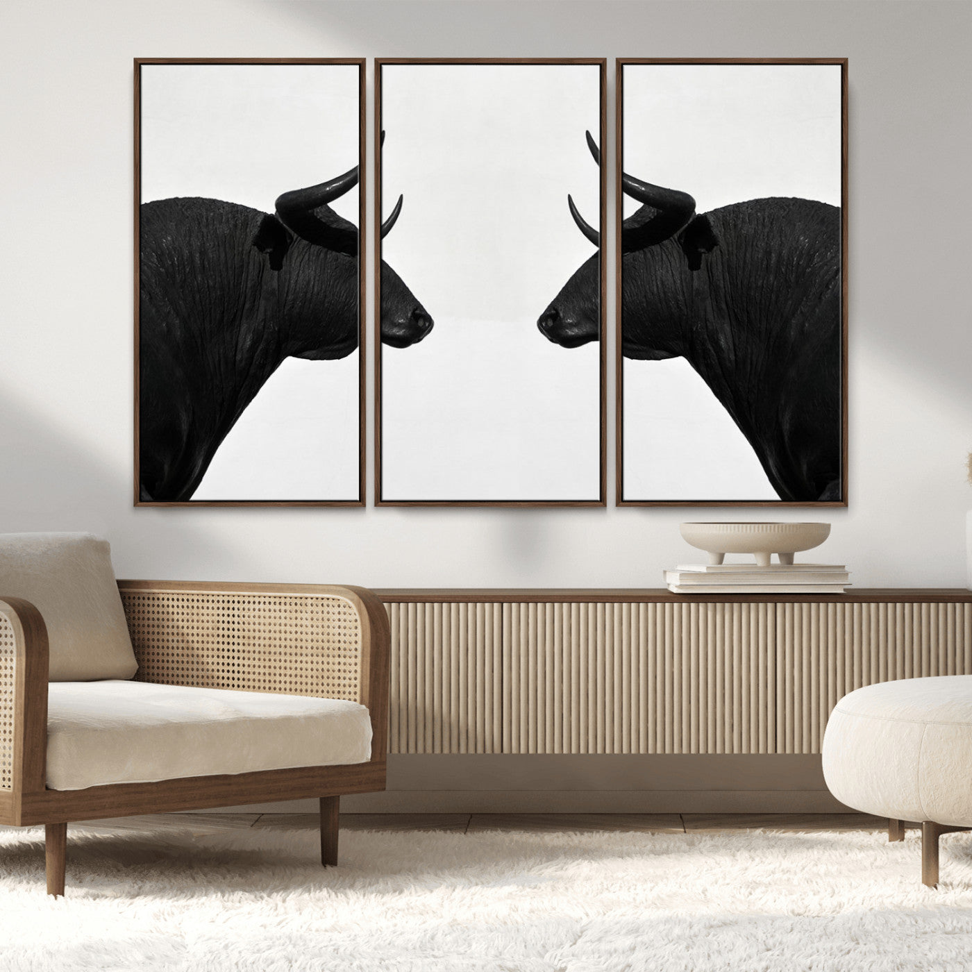 -Spanish Bull Art - Framed Black and White Bull Canvas Print for Modern Rustic Home or Office Decor