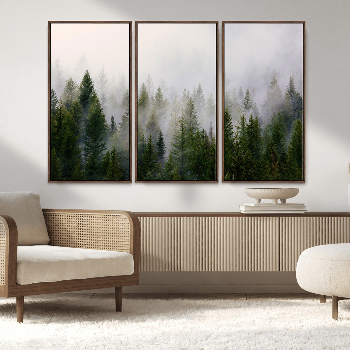 MGV-FC-48X32-3P - Misty Pine Forest Wall Art Canvas Print | 3 Panel Green Woodland Canvas Print for Living Room, Office, or Dining Room | Nature Foggy Forest Decor