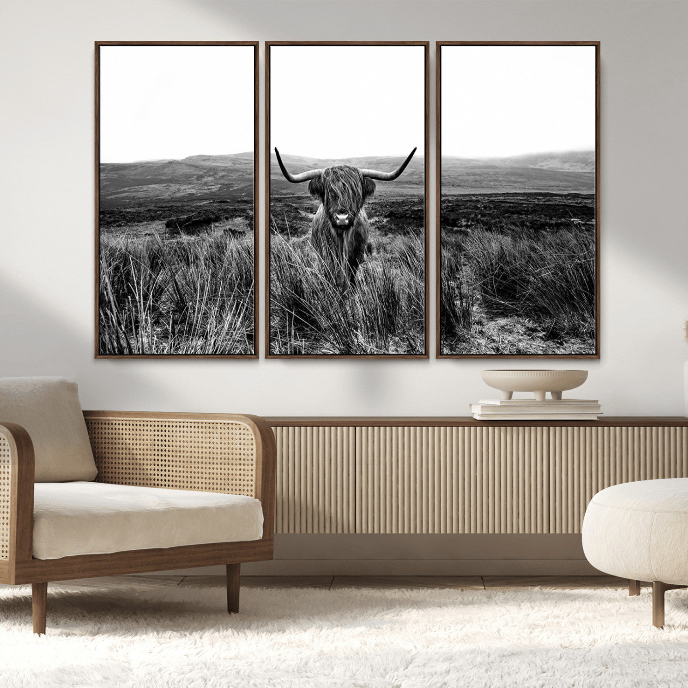 MGV-FC-48X32-3P - Black and White Highland Cow Canvas Wall Art, Longhorn Triptych Western Wall Decor for Cabin -