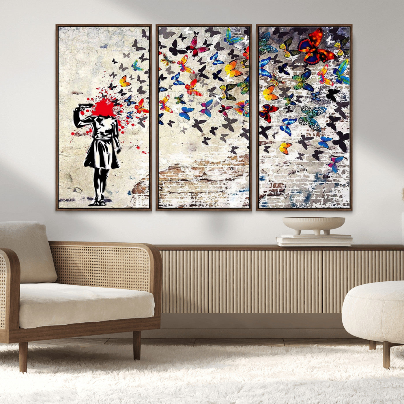 MGV-FC-48X32-3P - Banksy Art Butterfly Girl Explosion Canvas Art – Vibrant Urban Graffiti for Modern Interiors - Ready to Hang