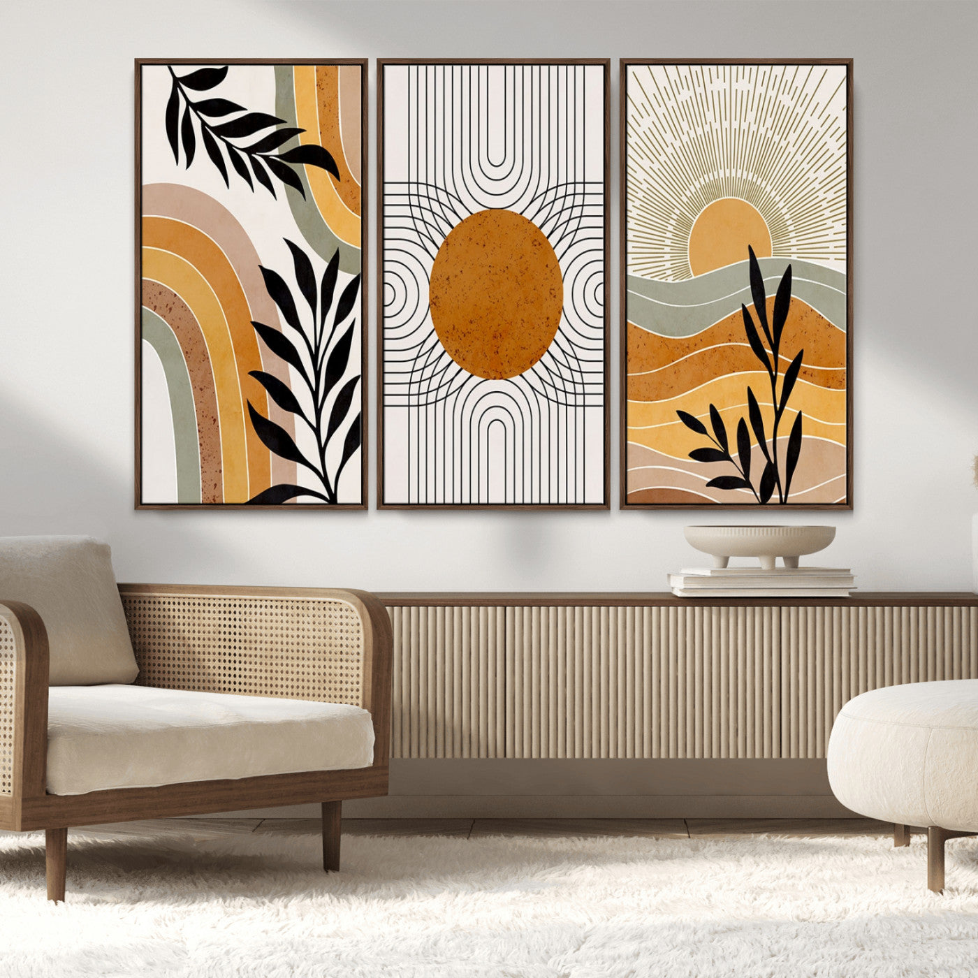 MGV-FC-48X32-3P - Modern Boho Sun and Leaf Abstract Art – 3-Panel Giclée Canvas for Mid-Century Modern or Bohemian