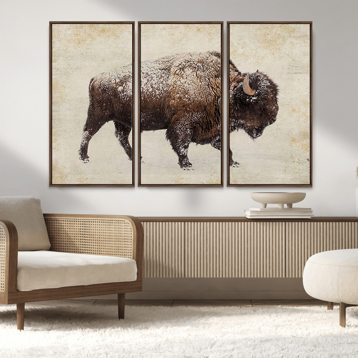 MGV-FC-48X32-3P - Buffalo Wall Art, Western Bison Canvas Print, Rustic Buffalo Art for Cowboy Western Decor, Large Multi-Panel Giclee Canvas for Farmhouse Wall Decor