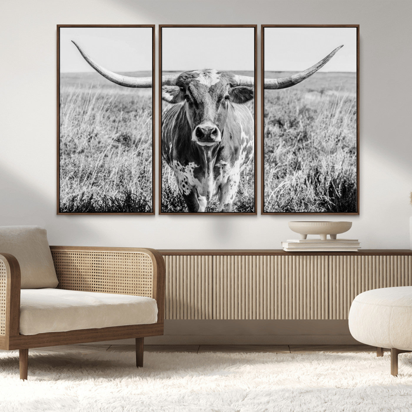 MGV-FC-48X32-3P - Texas Cow Longhorn Wall Art Canvas Print for Farm House Wall Decor, Farmhouse Wall Art Print