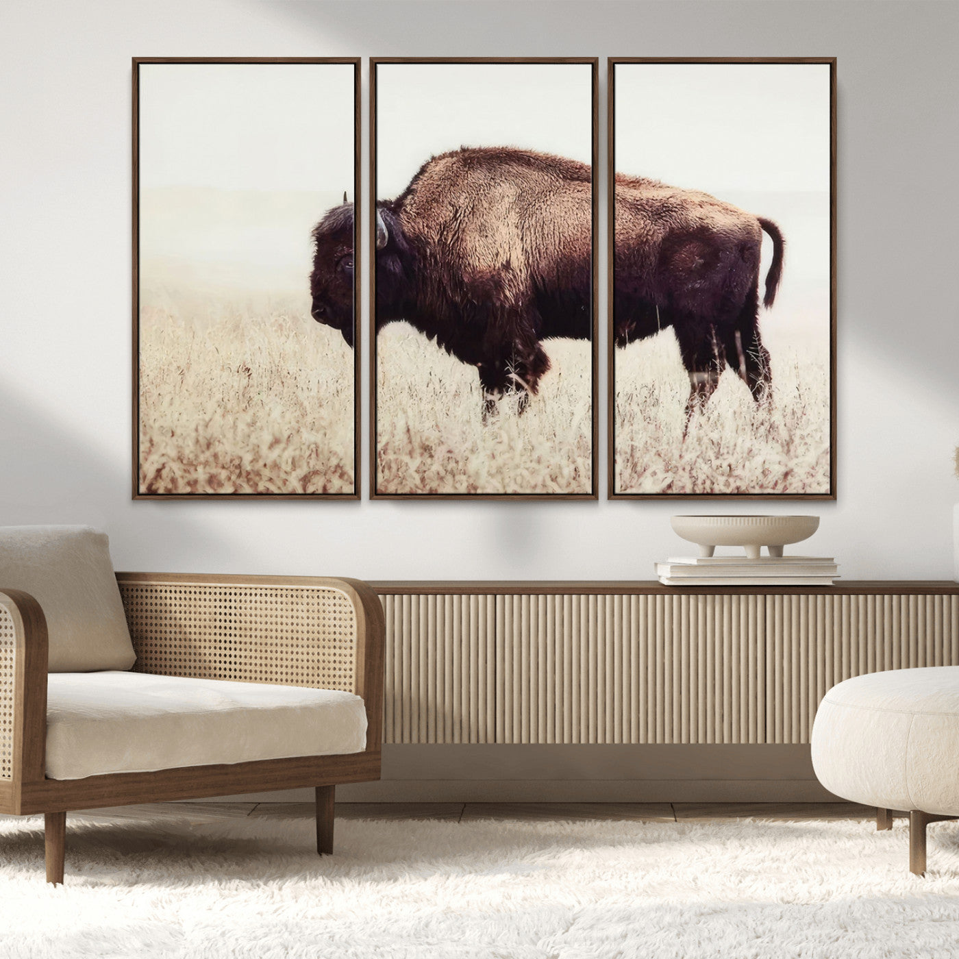 MGV-FC-48X32-3P - Bison in Field Wall Art Canvas Print For Farmhouse Barn Decor