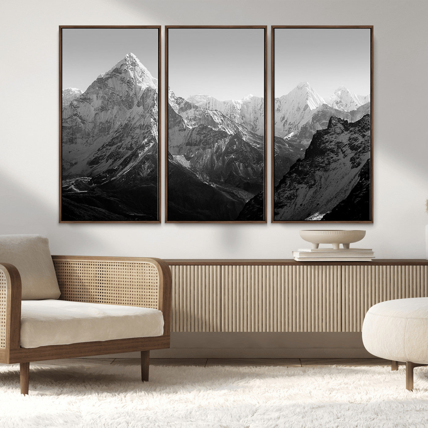 MGV-FC-48X32-3P - Everest Himalaya Mountain Peaks Black & White Triptych Canvas Art – Mountain Wall Decor for Minimalist Interiors