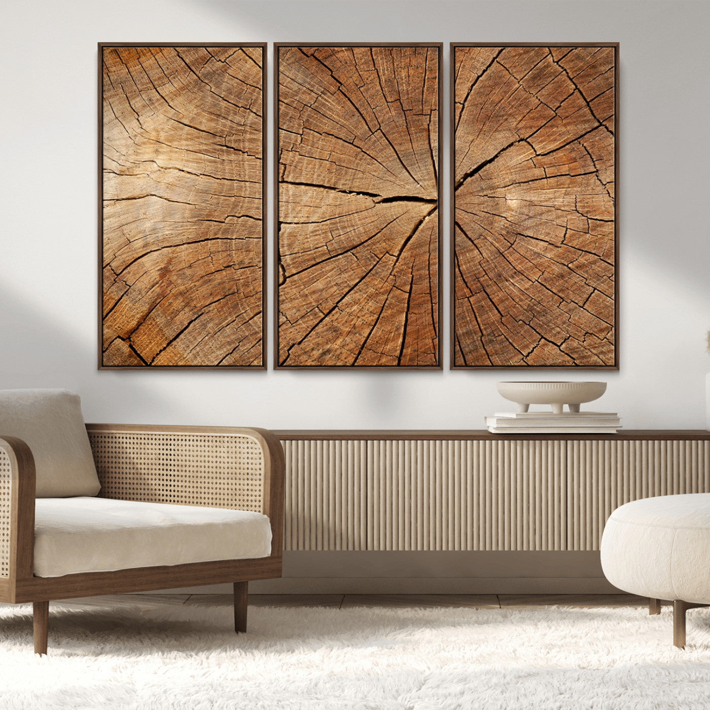 MGV-FC-48X32-3P - Tree Ring Canvas Art, Rustic Wood Grain Wall Art, Tree Slice Decor for Modern Homes, Giclee Multi-Panel Print, Tree Ring Wall Art Set