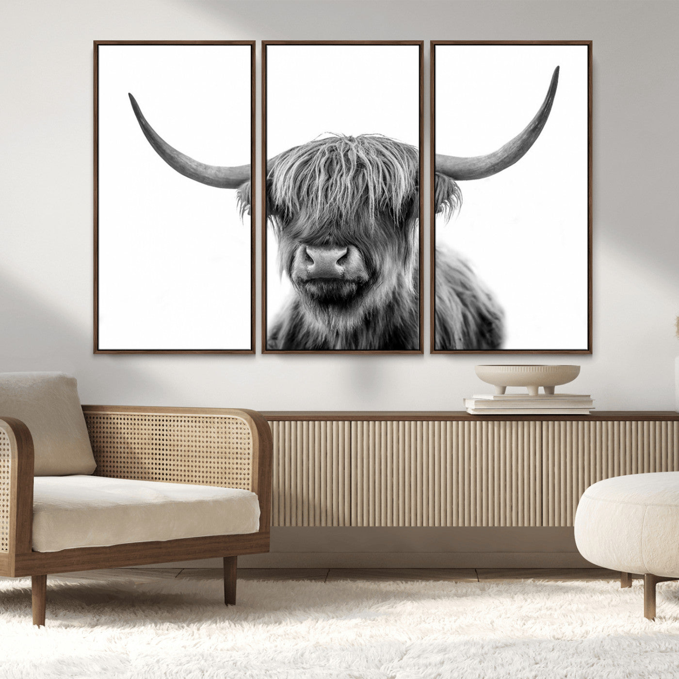 MGV-FC-48X32-3P - Grayscale Scottish Highland Cow Cattle Art Print Farmhouse Wall Art Canvas Print