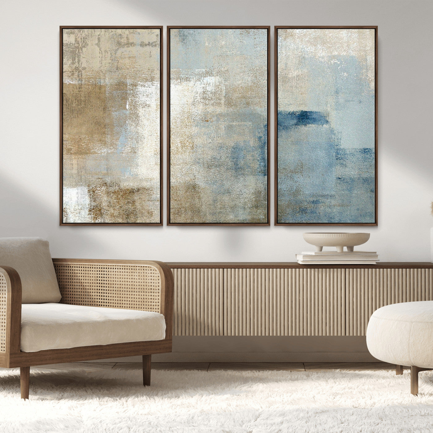 MGV-FC-48X32-3P - Abstract Blue and Beige Wall Art, Modern Minimalist Canvas Print Set, Giclee Textured Art, Large Multi-Panel Artwork for Living Room