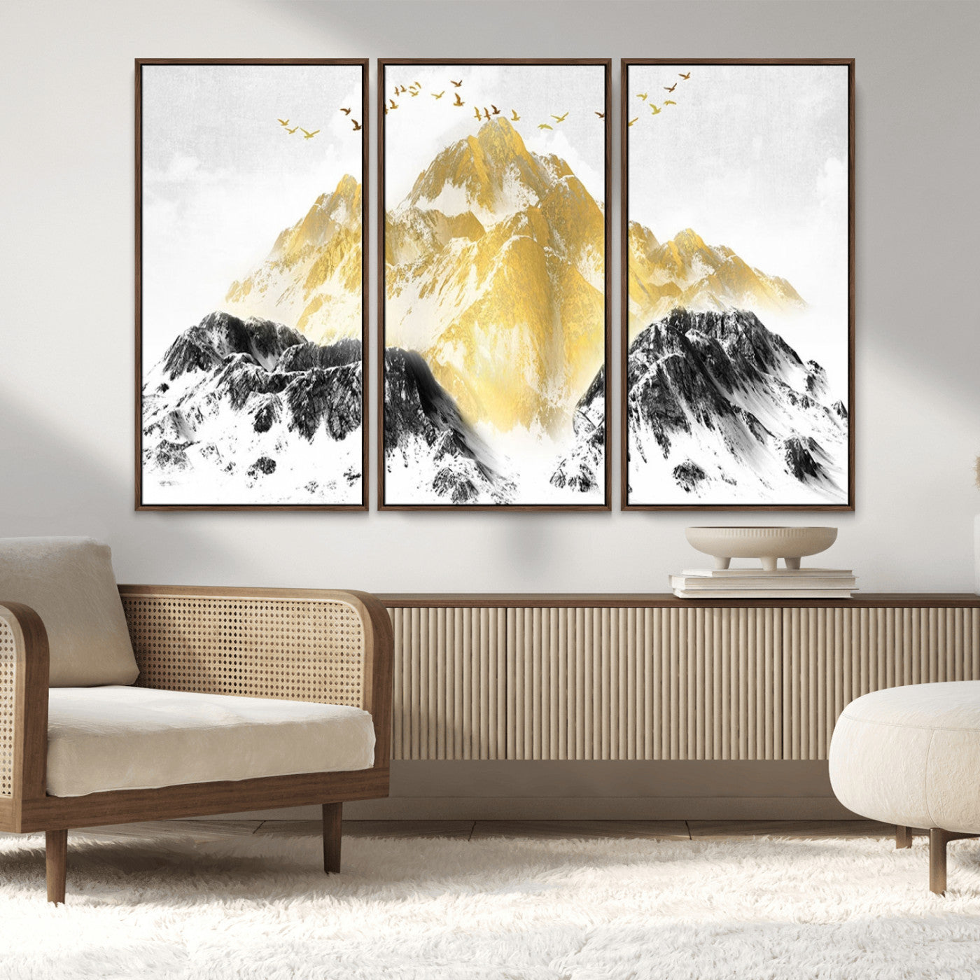 MGV-FC-48X32-3P - Golden Mountain Triptych Wall Art, Modern Giclee Canvas Print, Nature Landscape Decor for Living Room, Contemporary Gold and Black Wall Art