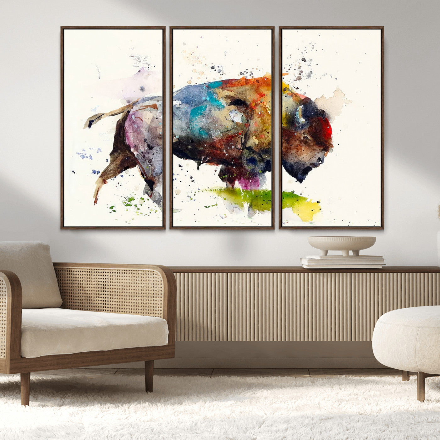 MGV-FC-48X32-3P - Abstract Buffalo Wall Art, Western Watercolor Bison Canvas Print, Rustic Buffalo Art for Cowboy and Western Decor, Large Multi-Panel Giclee Canvas