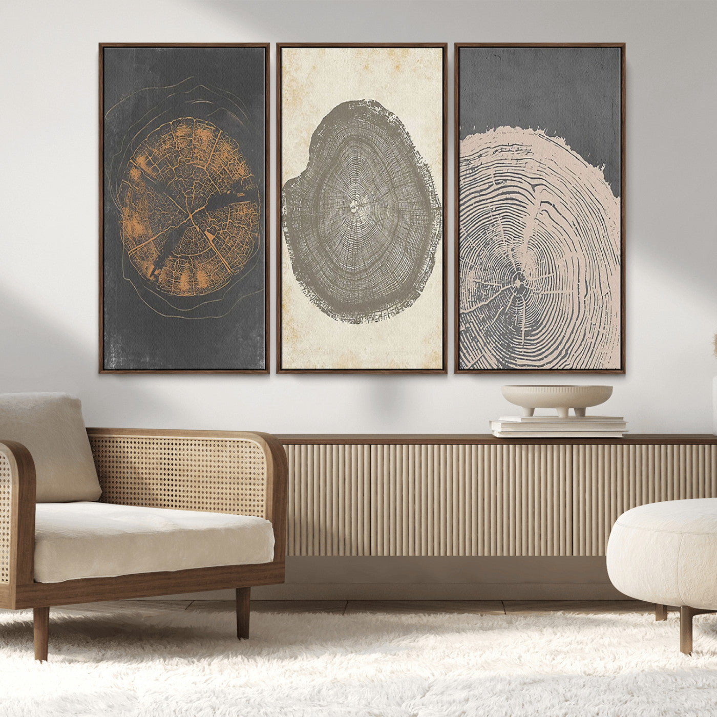 MGV-FC-48X32-3P - Boho Tree Ring Wall Art, Modern Minimalist Wood Grain Canvas, Tree Slice for Rustic Decor, Farmhouse Decor Giclee Canvas Print, Tree Ring Canvas Set
