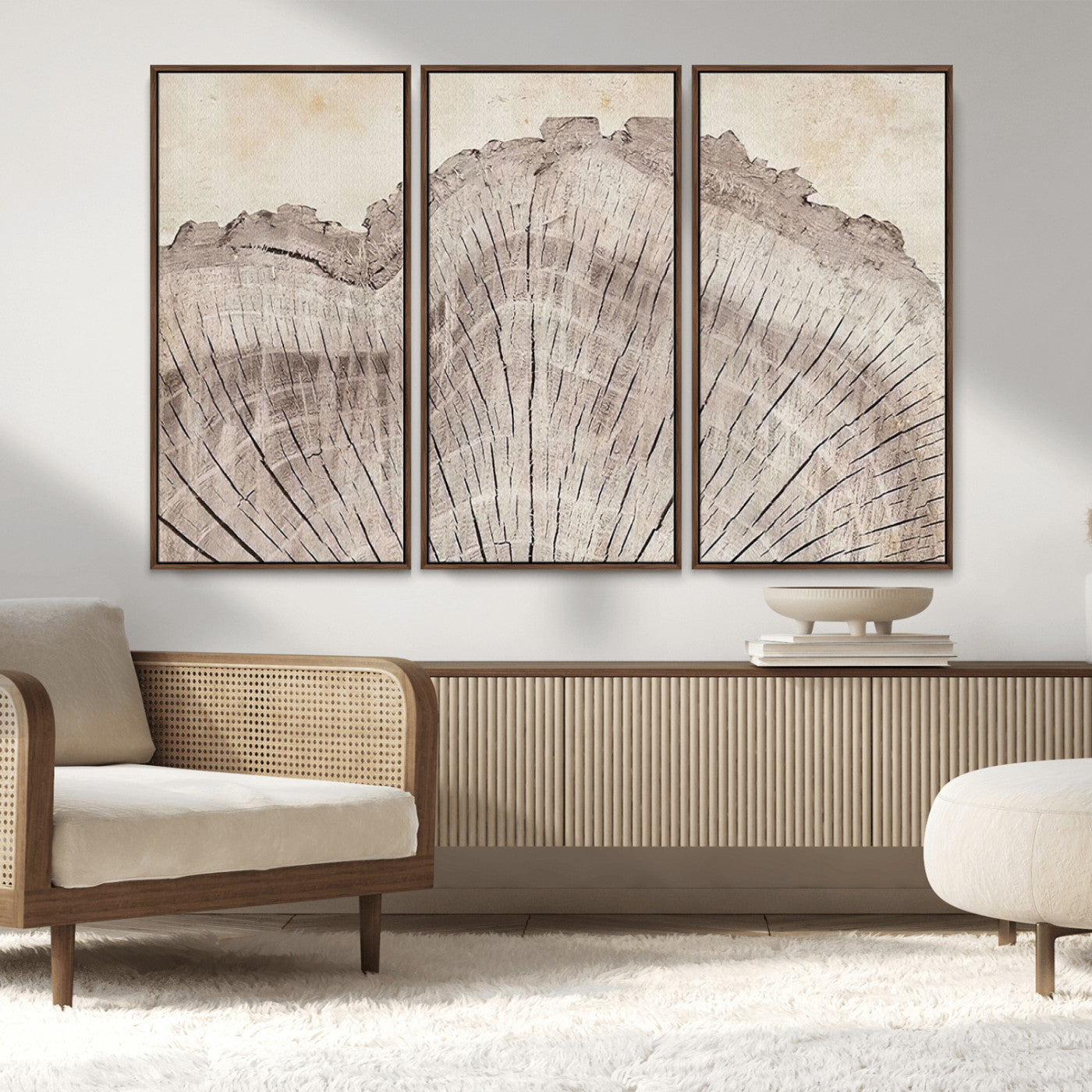 MGV-FC-48X32-3P - Tree Ring Wall Art Triptych, Rustic Wood Ring Canvas Print, Minimalist Wall Decor for Modern Homes and Farmhouse Decor