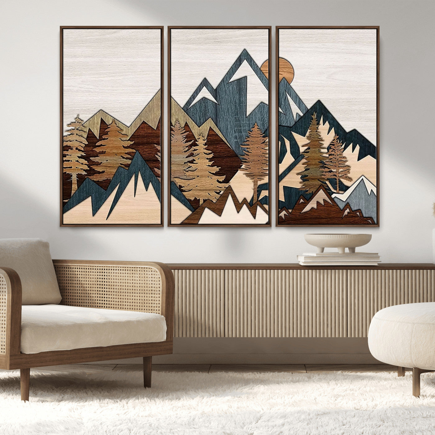 MGV-FC-48X32-3P - Woodland Mountain Landscape Triptych, Giclee Canvas Art for Modern Home, Rustic Wooden Nature Wall Art, Large Mountain and Tree Canvas for Living Room