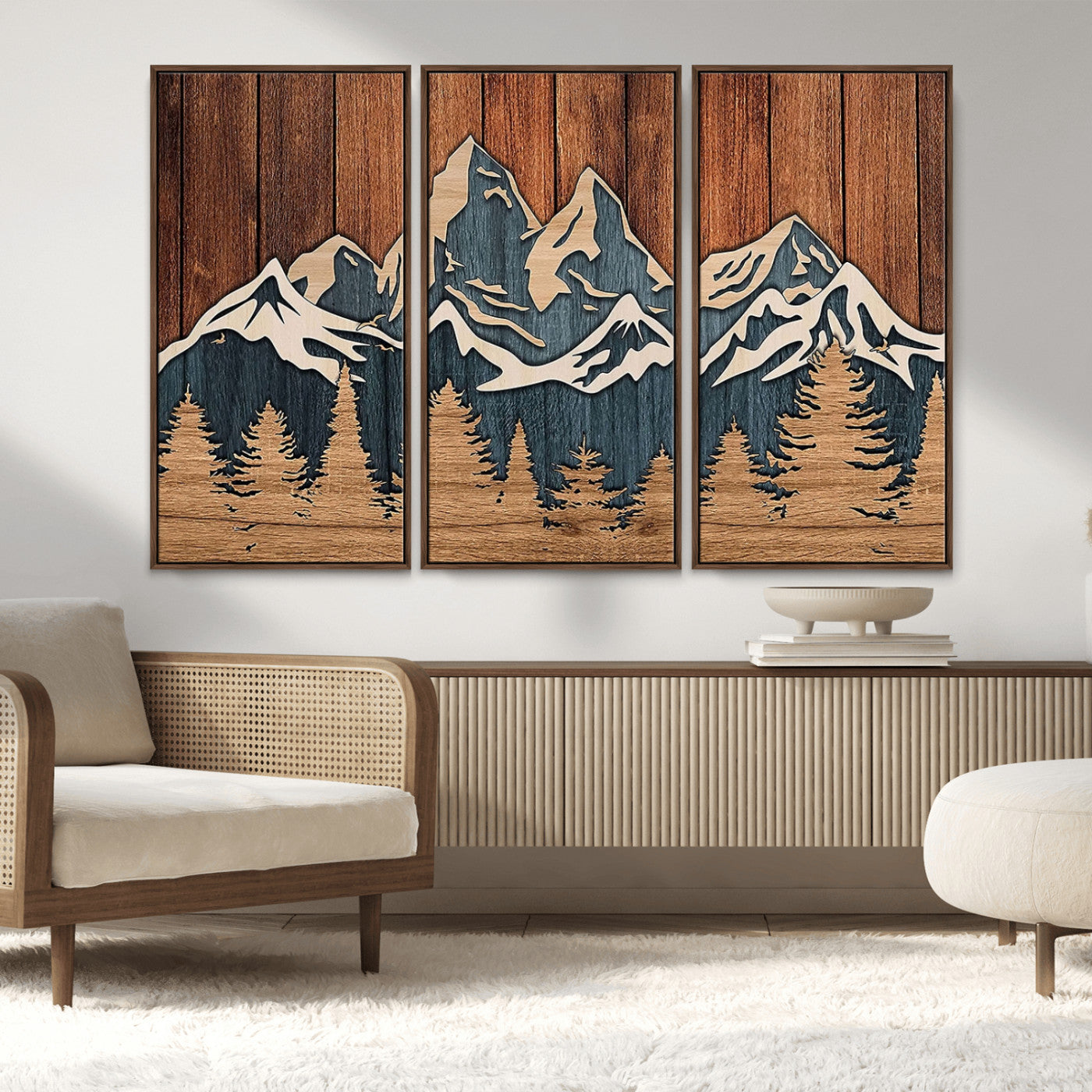 MGV-FC-48X32-3P - Rustic Wood Style Mountain Wall Art, Nature Forest Canvas Print, Wooden Textured Mountain Artwork, Handcrafted Landscape Decor for Farmhouse Decor