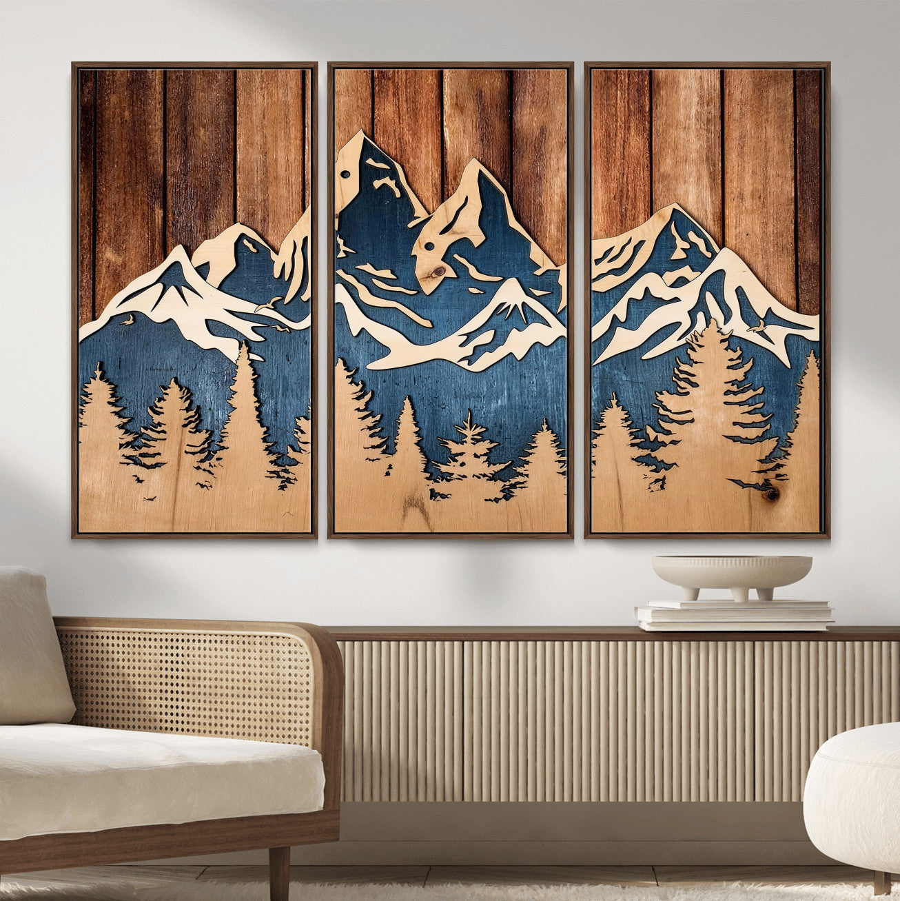 41330-MGV-CV-36X24 - Rustic Wood Style Mountain Wall Art, Nature Forest Canvas Print, Wooden Textured Mountain Artwork Print