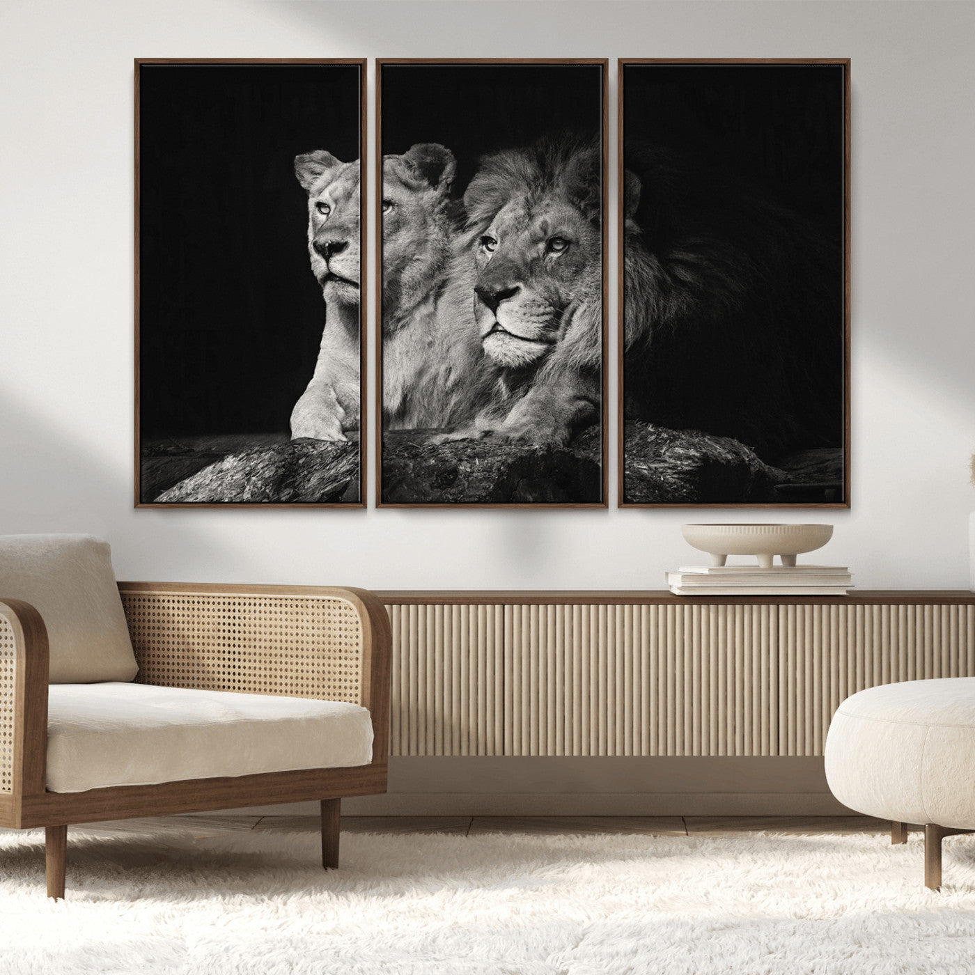 MGV-FC-48X32-3P - Lion Couple Canvas Wall Art Print – Elegant Wildlife Portrait in Black and White Lion Family – Ready to Hang