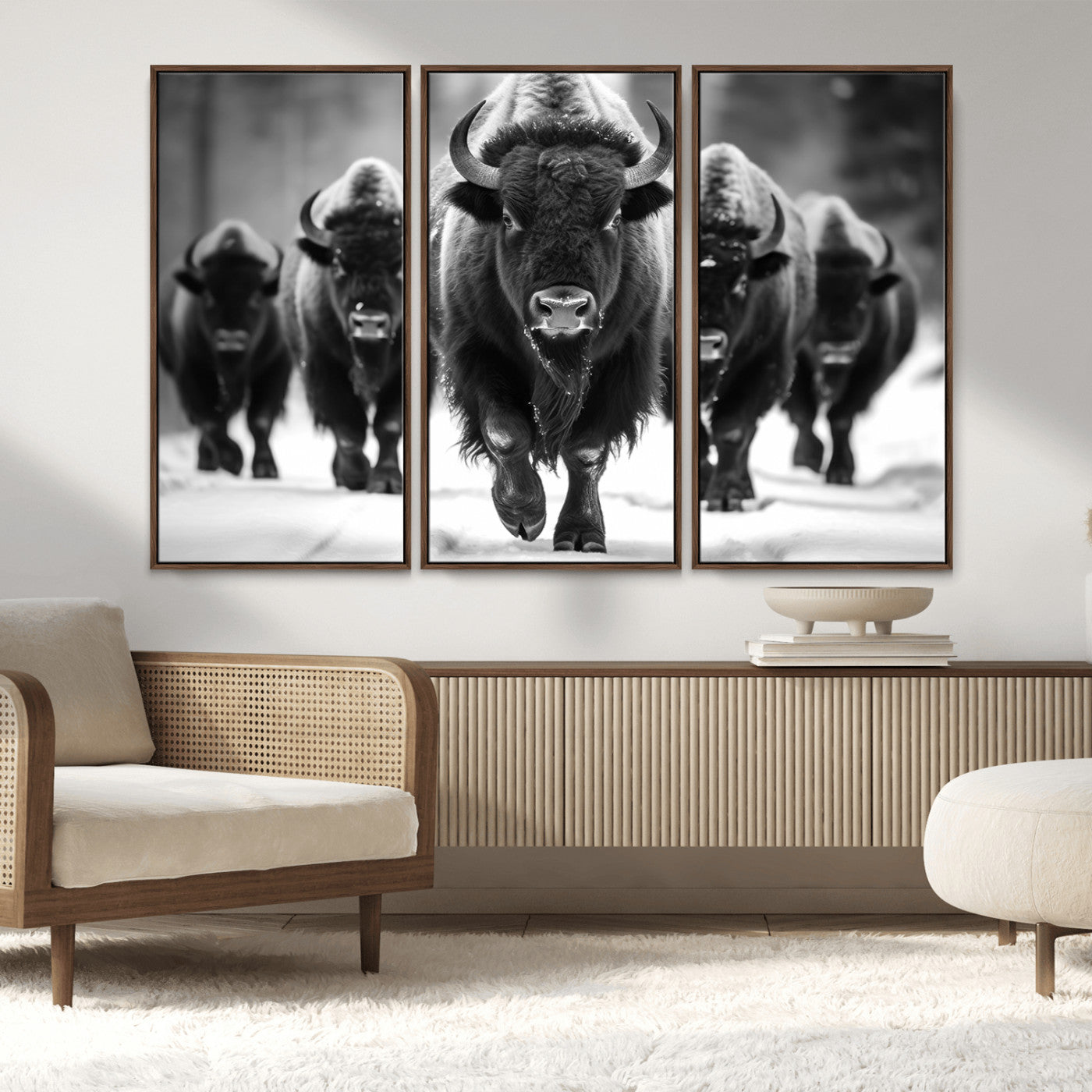 MGV-FC-48X32-3P - American Bison Art | Buffalo Herd Wall Art Canvas Print, BW American Bison Herd Wall Art Canvas Print