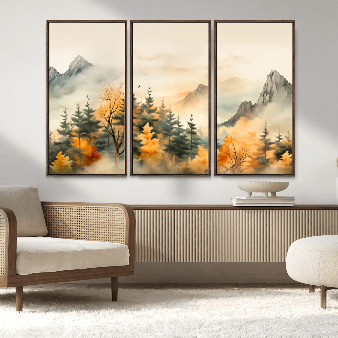 MGV-FC-48X32-3P - Abstract Watercolor Mountains and Trees Autumn Art, Watercolor Mountains and Trees Canvas Print