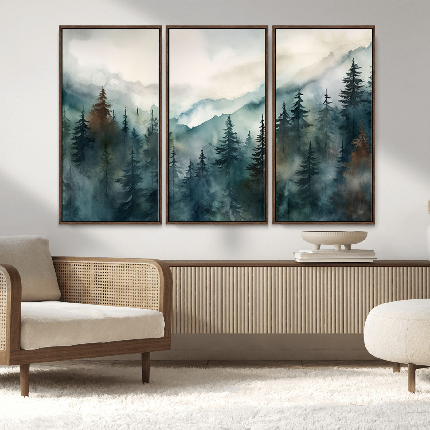 48468-MGV-FC-48X32-3P_Walnut-Serenity Forest Wall Art Canvas | Foggy Mountain Landscape Canvas Print for Living Room or Office | Nature-Inspired Woodland Decor