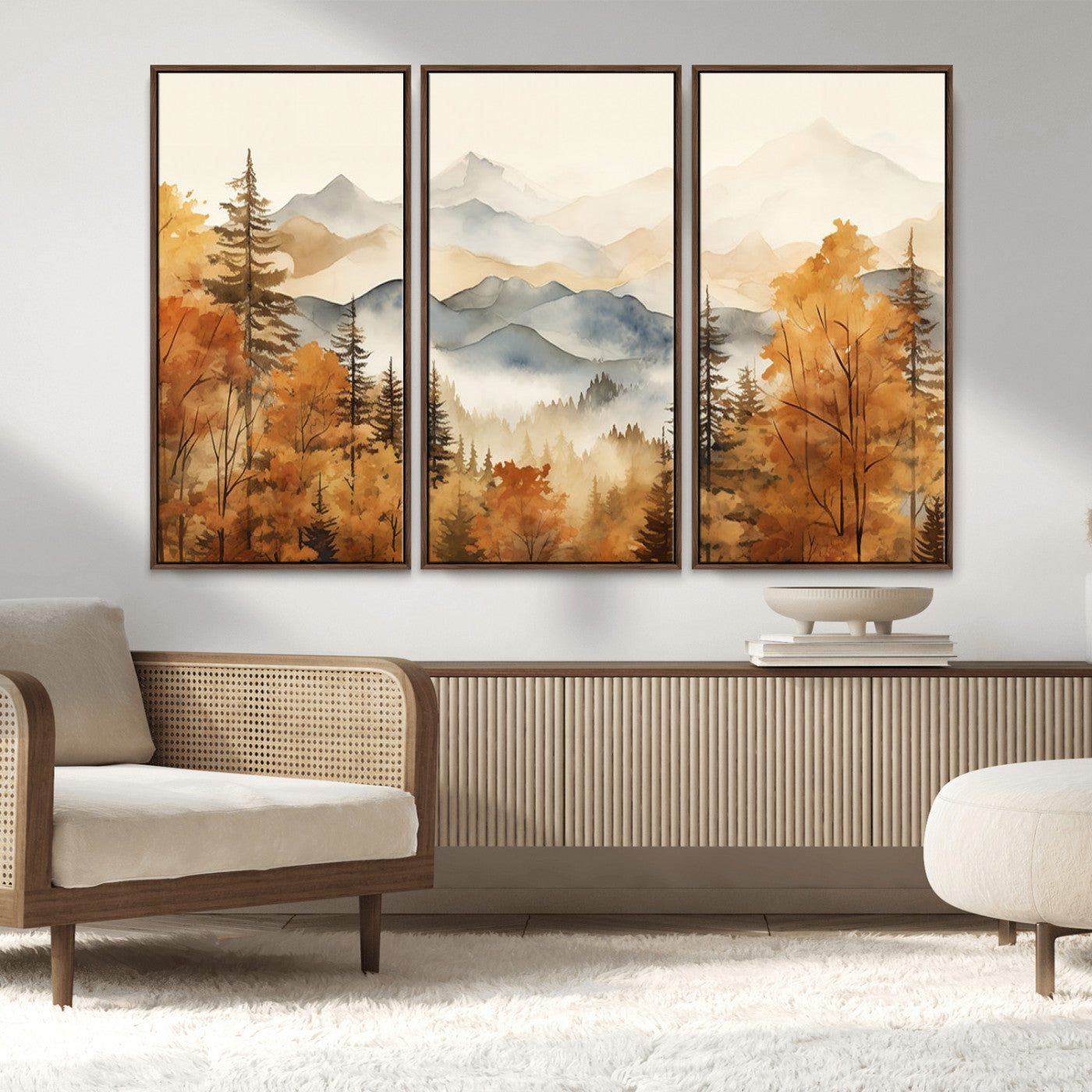 MGV-FC-48X32-3P - Golden Autumn Forest Wall Art | Mountain Landscape Canvas Print for Living Room or Bedroom | Large Wall Decor with Nature-Inspired Design