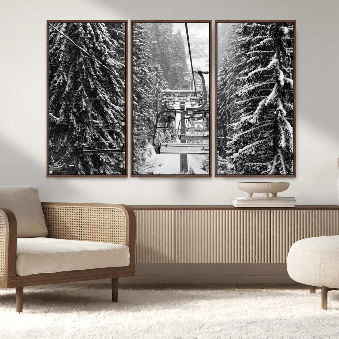 MGV-FC-48X32-3P - Winter Ski Lift Black and White Canvas Wall Art – Alpine Escape in Minimalist Style – Ready to Hang