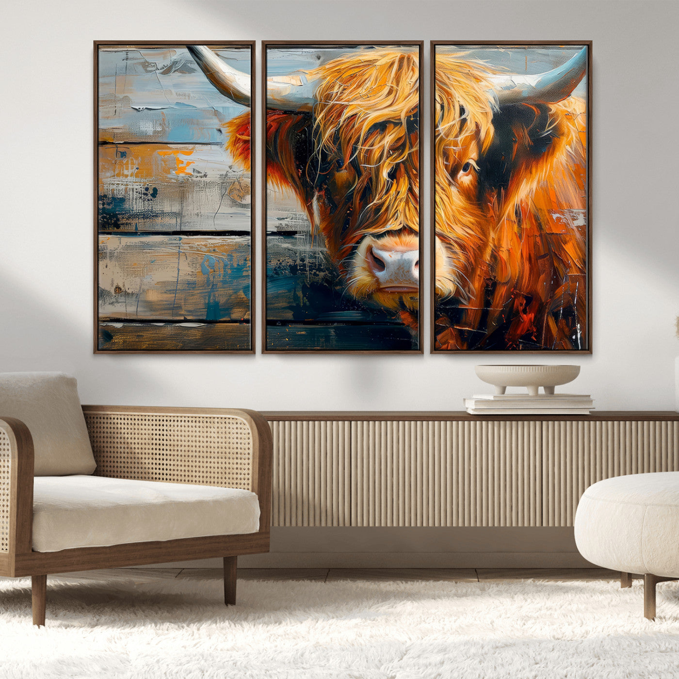 -Highland Cow Abstract Canvas Wall Art – Bold Farmhouse Rustic Decor – Ready to Hang