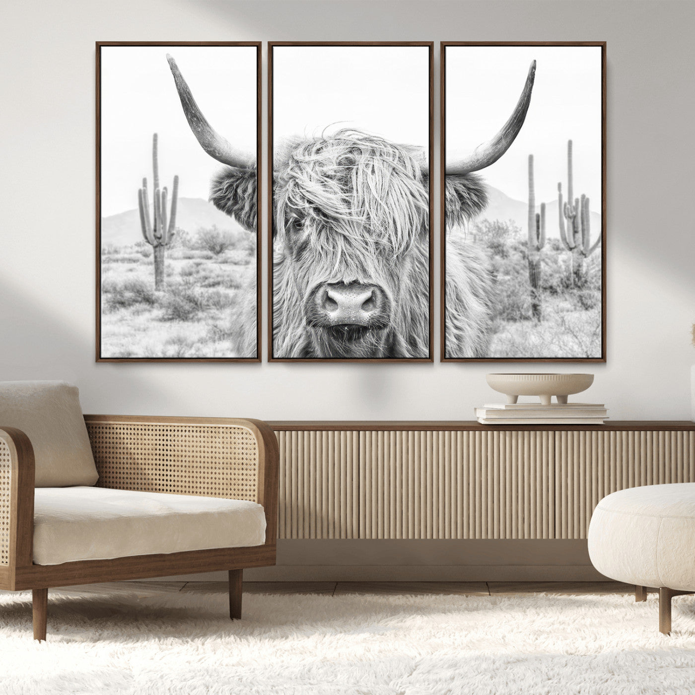 -Rustic Charm | Cow Longhorn Black White Bighorn Wall Art Canvas Print | Farmhouse Wall Art