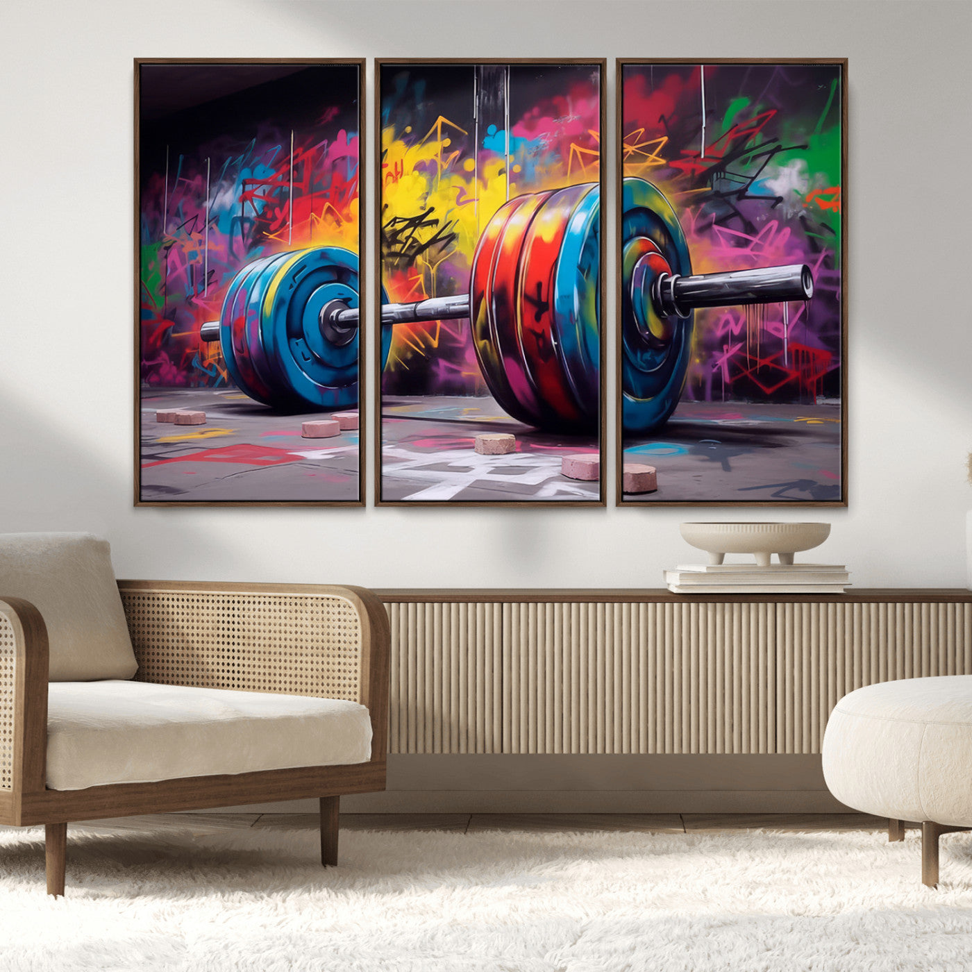 MGV-FC-48X32-3P - Abstract Graffiti Barbell Canvas Wall Art – Urban Fitness Meets Bold Street Art Print - Gym Wall Art Print