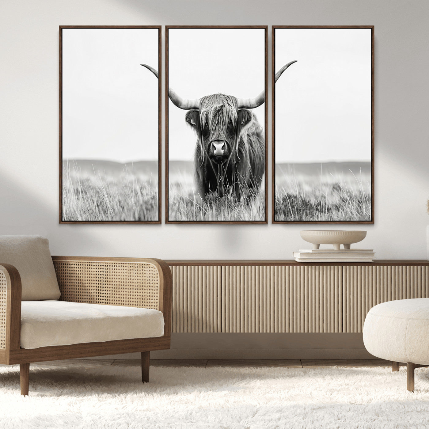 MGV-FC-48X32-3P - Highland Cow Canvas Wall Art – Majestic Beauty in Black and White