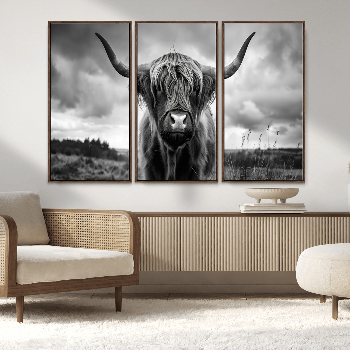 17924-MGV-FC-48X32-3P_Walnut-Scottish Cow Wall Art Canvas Print | Longhorn Wall Art | Bighorn Animal Wall Art