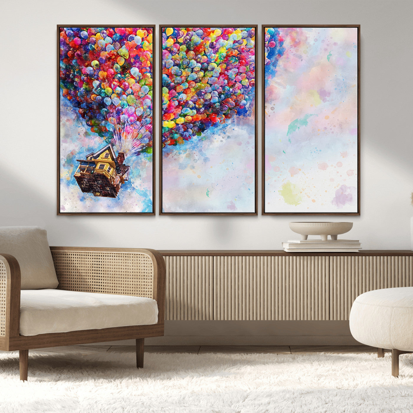 MGV-FC-48X32-3P - Don't Look Up Movie Canvas Wall Art - Vibrant Floating House and Balloons Scene, Tribute to Iconic