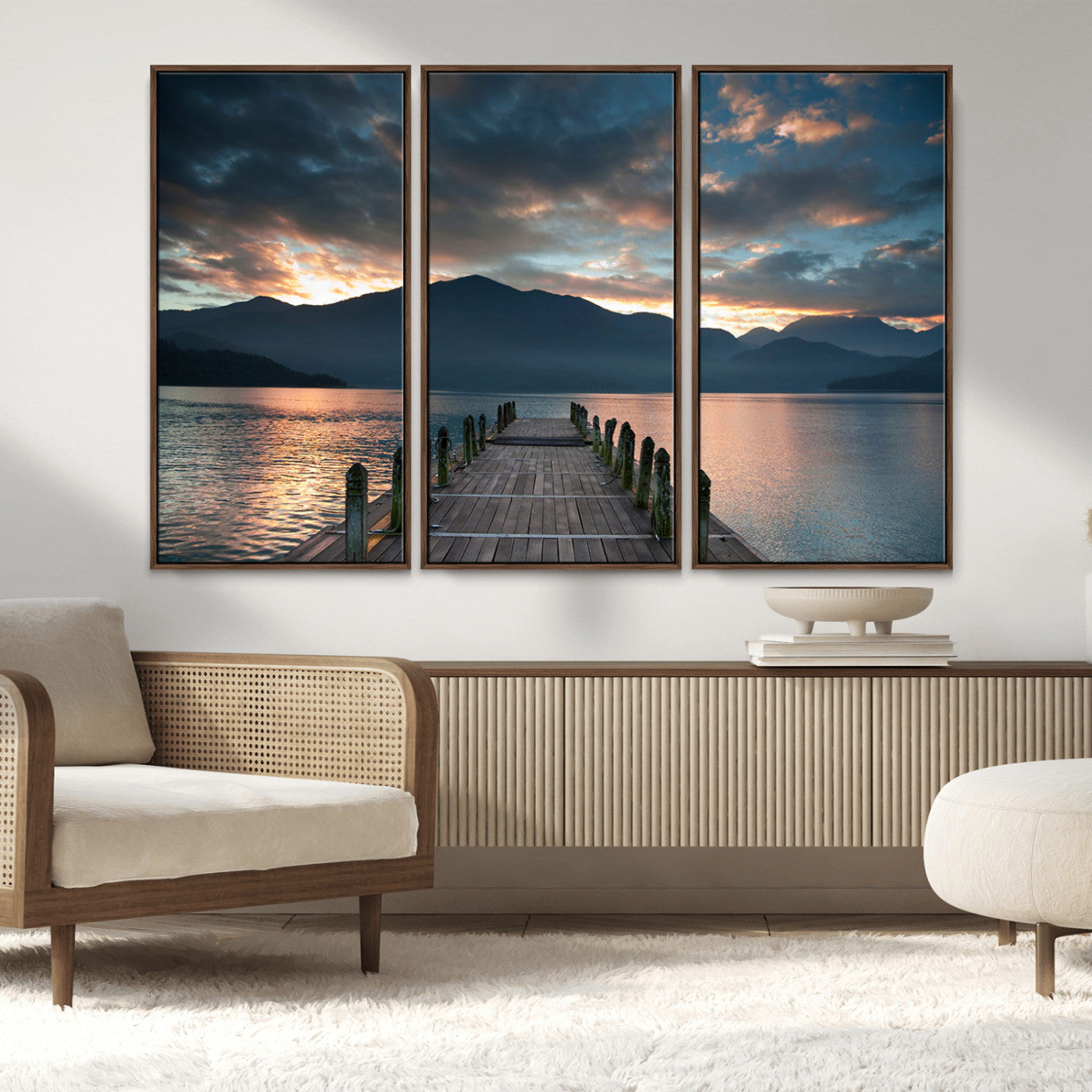 MGV-FC-48X32-3P - Mountain Lake Wood Pier Canvas Wall Art Nature Lake Print