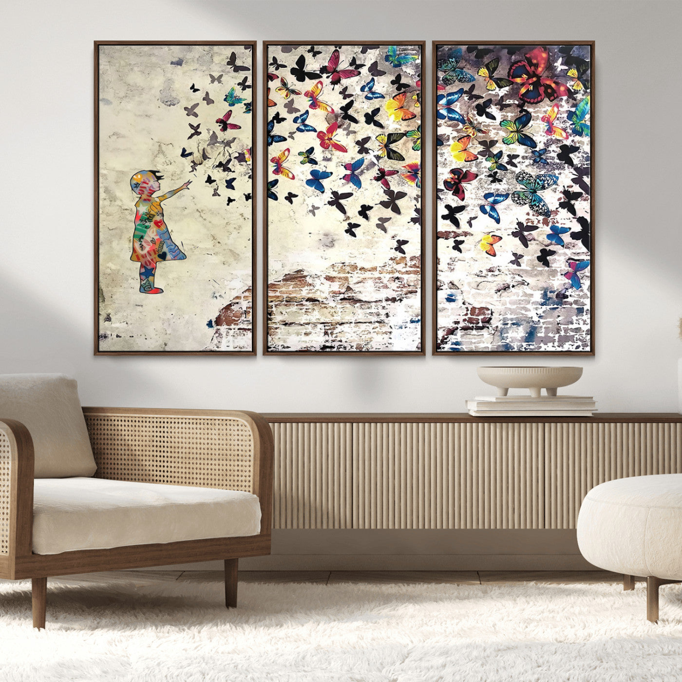 MGV-FC-48X32-3P - Banksy Wall Art - Banksy Girl Butterfly Graffiti Wall Art Canvas Print - Butterfly Girl and Freedom Flight - Vibrant Street Art Print