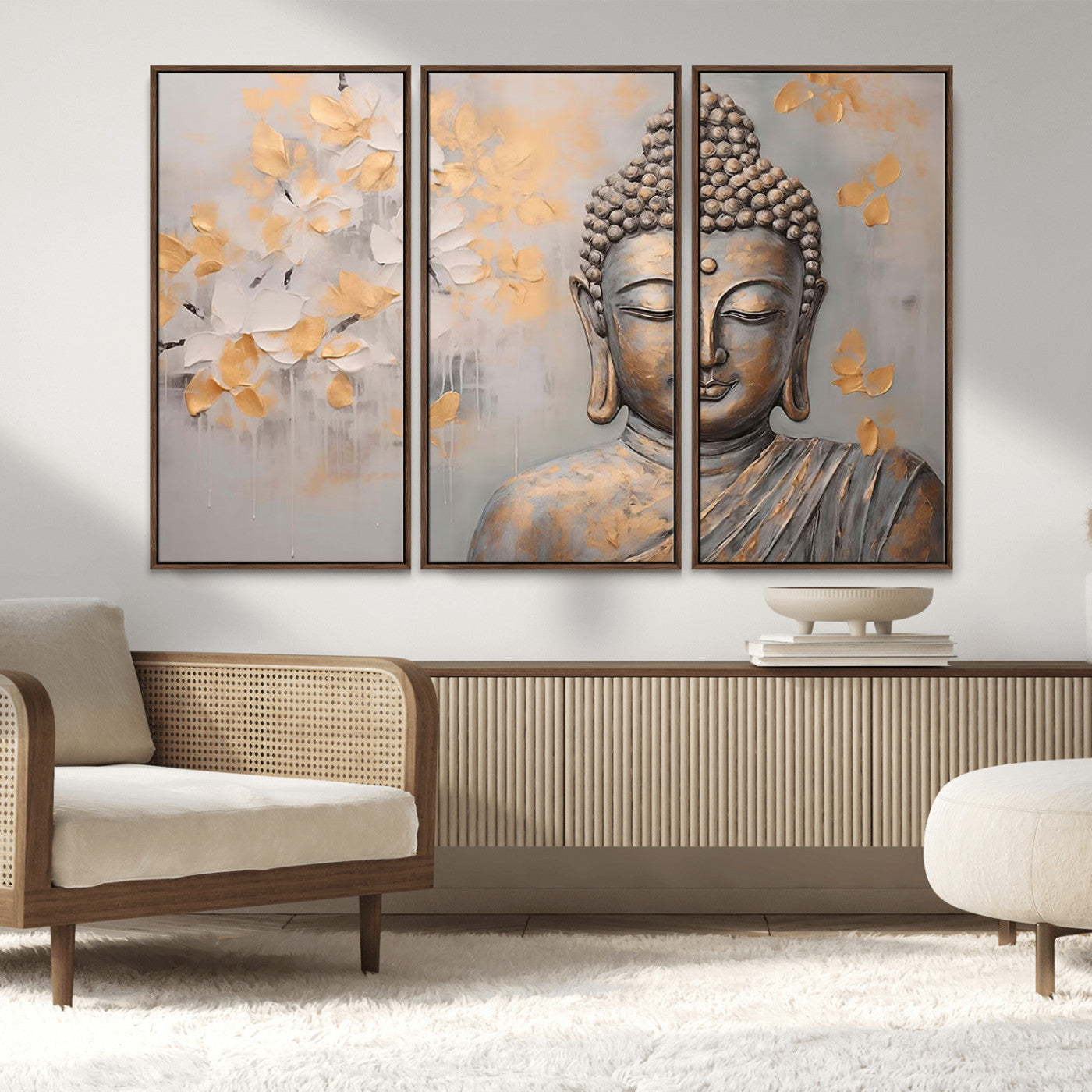 MGV-FC-48X32-3P - Abstract Buddha Statue Wall Art Canvas Print - Modern Meditation Decor for Living Room, Office, Yoga Studio Decor